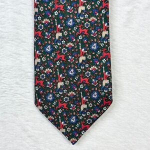 Alain Figaret Paris Necktie Silk Floral Archer Deer Made in France‎ Green Red